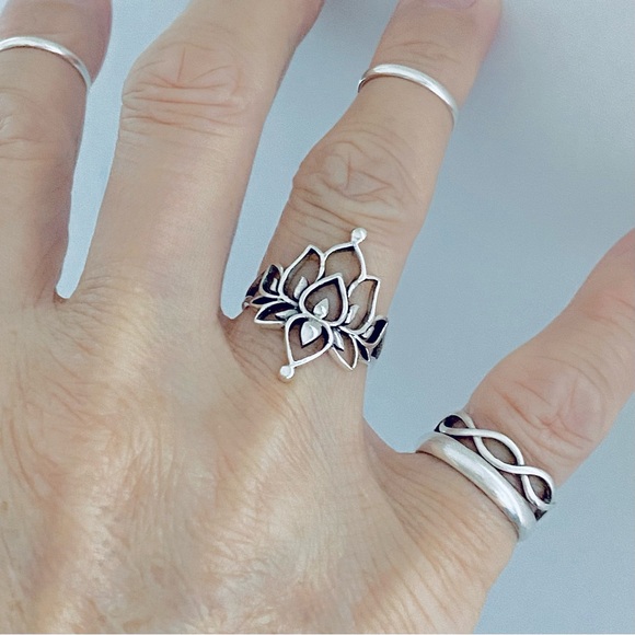 Sterling Silver Thin Vintage Style Lotus Flower Ring, Silver Rings, Yoga Jewelry - Picture 3 of 12